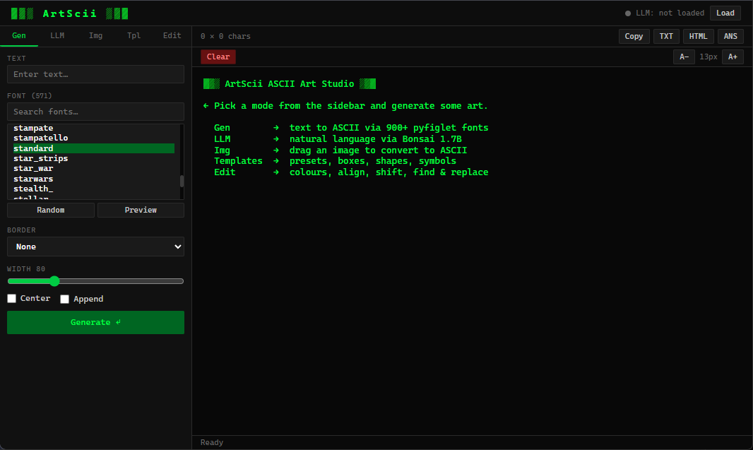 ArtScii - Main menu of the local ASCII art studio CLI tool