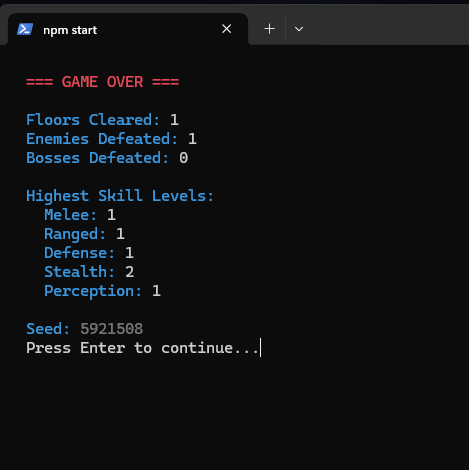 Deepshell CLI roguelike - Game over screen