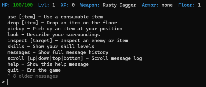 Deepshell CLI roguelike - UI layout and help screen