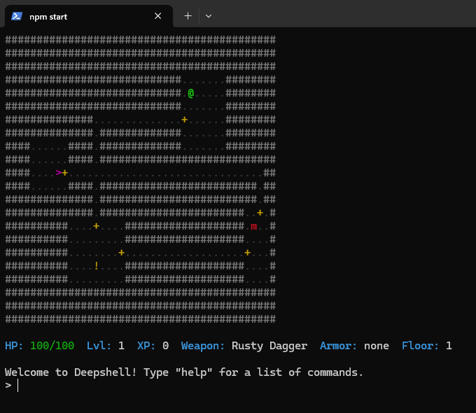 Deepshell CLI roguelike - First dungeon level with ASCII map