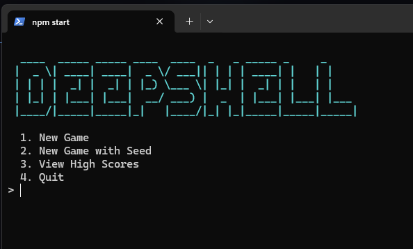 Deepshell CLI roguelike - Main menu screen