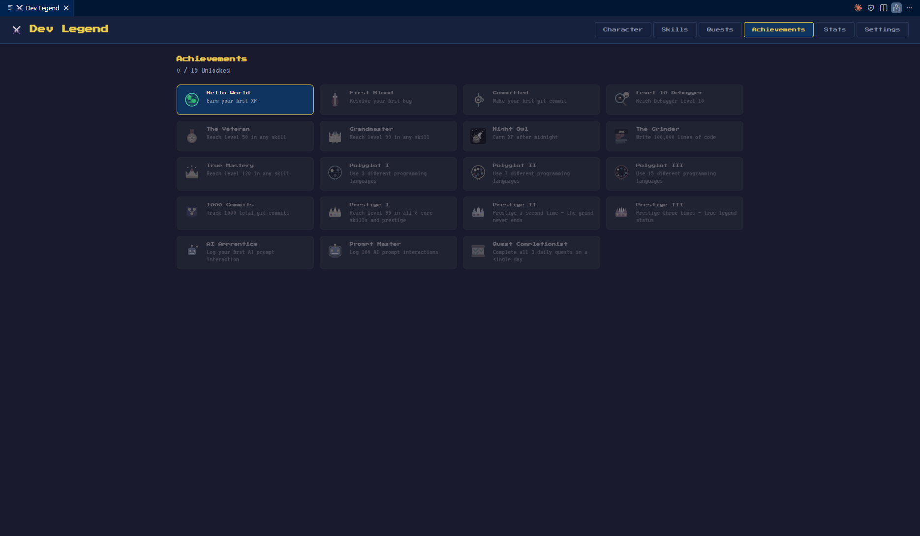 Dev Legend VS Code Extension - Achievements panel with coding milestones and unlockable badges
