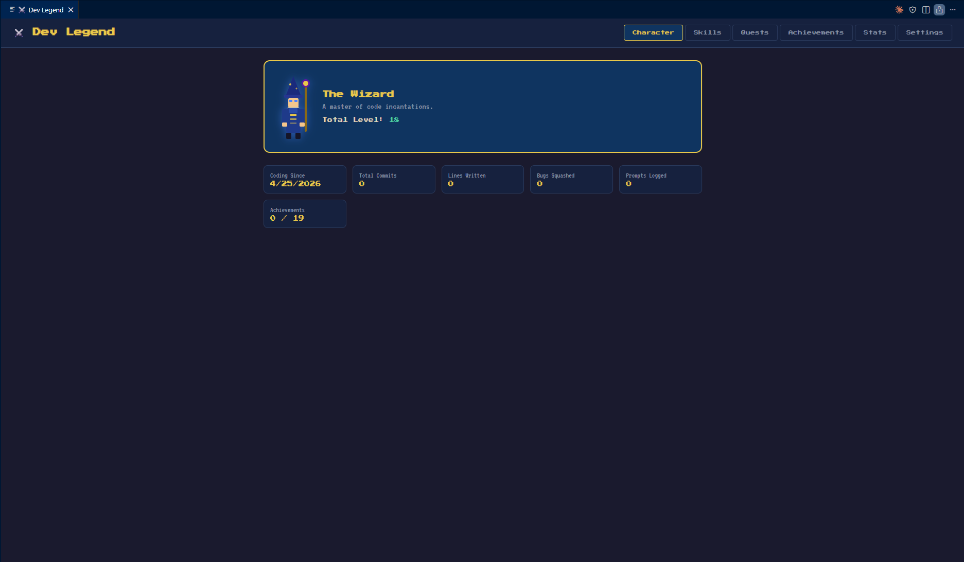 Dev Legend VS Code Extension - RPG coding dashboard home screen showing character stats and progress tracking