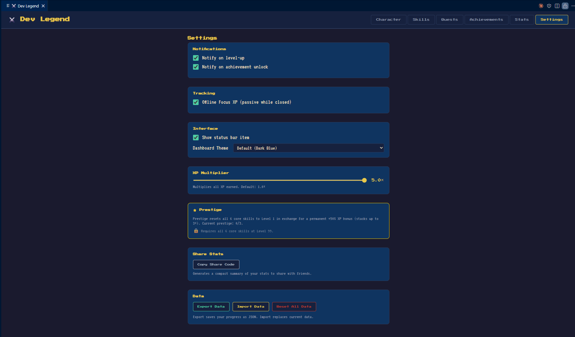 Dev Legend VS Code Extension - Settings panel for customizing RPG coding experience
