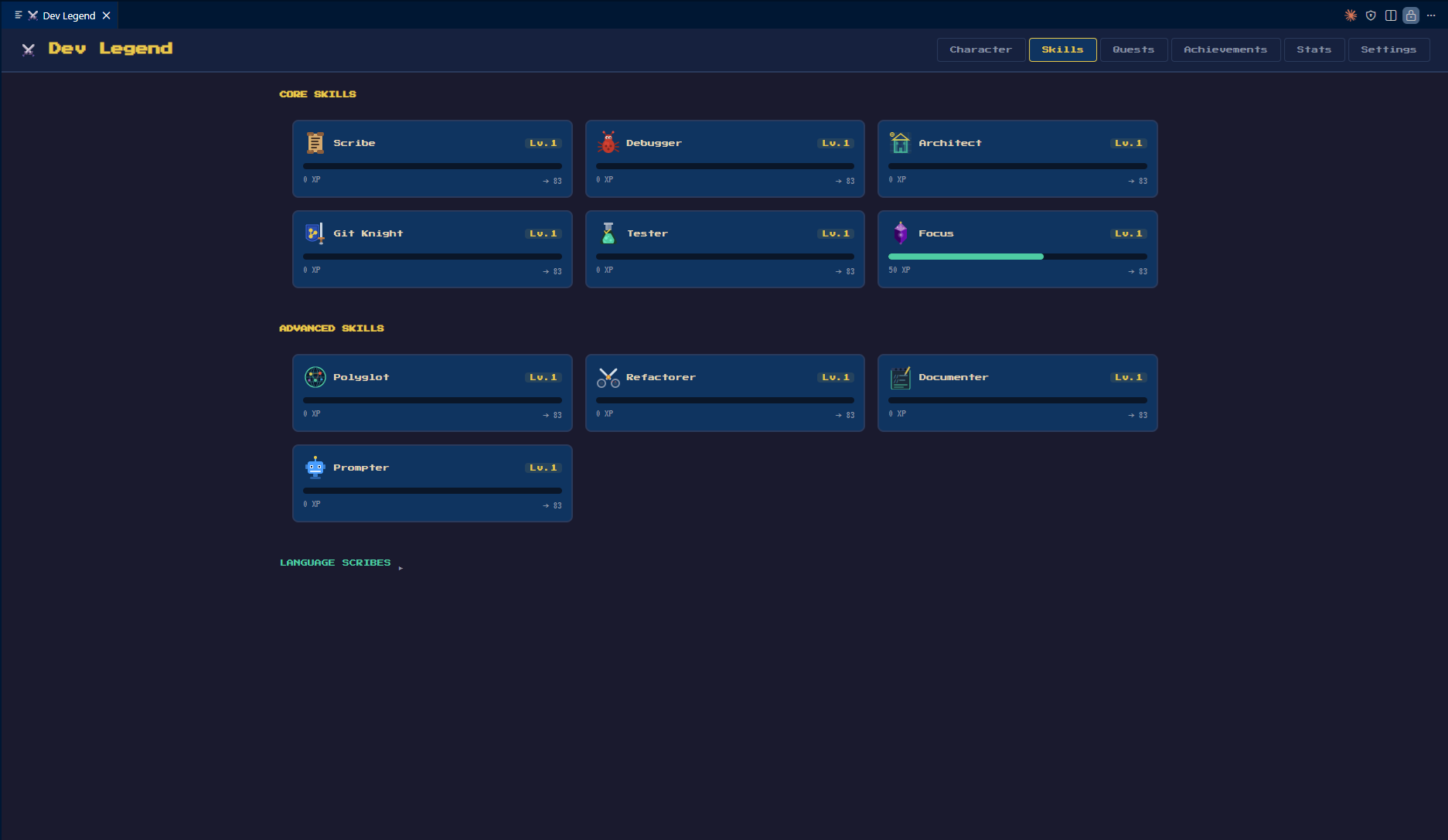 Dev Legend VS Code Extension - Skills panel showing programming skills tracking with XP progression