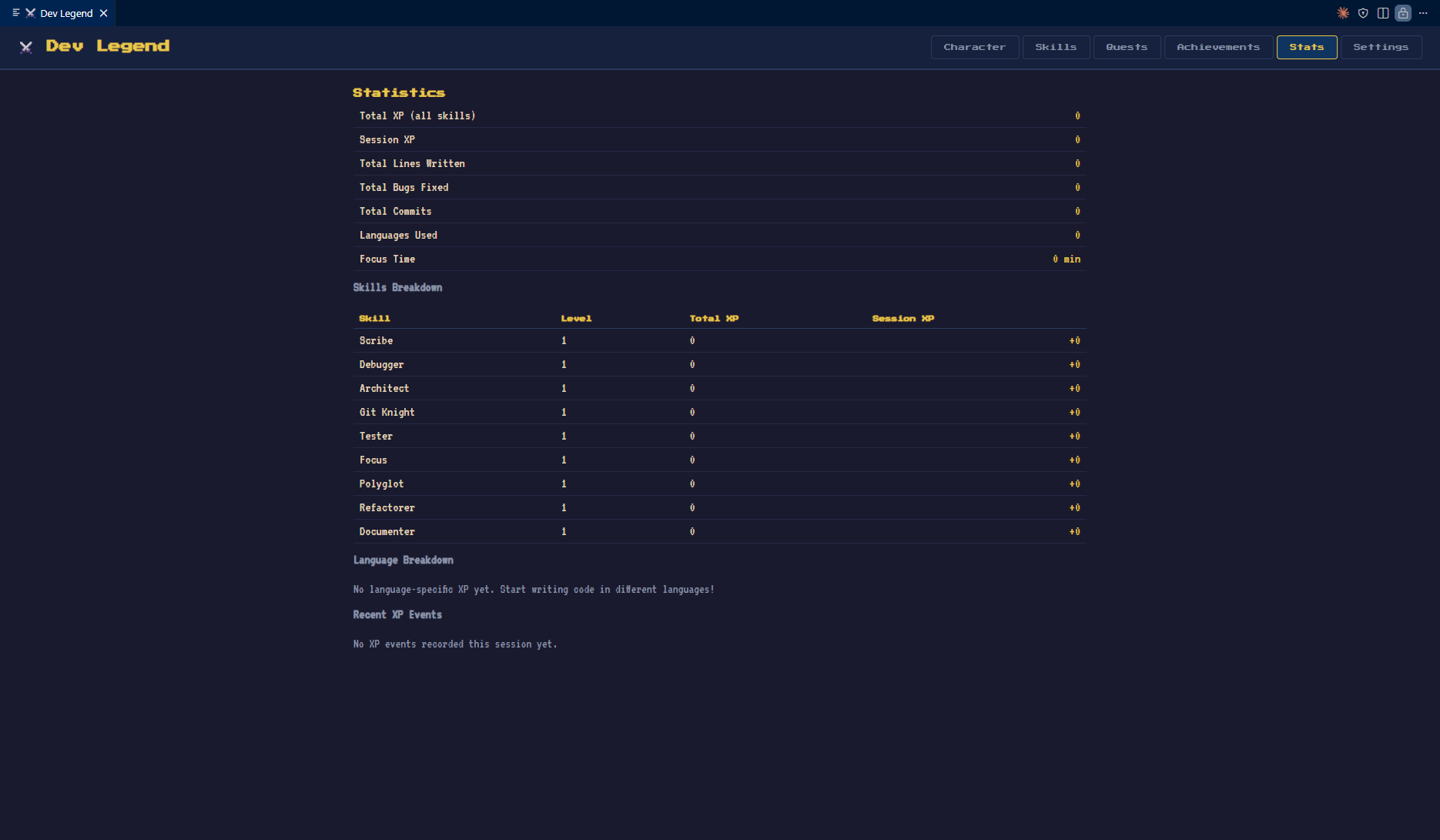Dev Legend VS Code Extension - Statistics panel showing coding metrics and productivity analytics