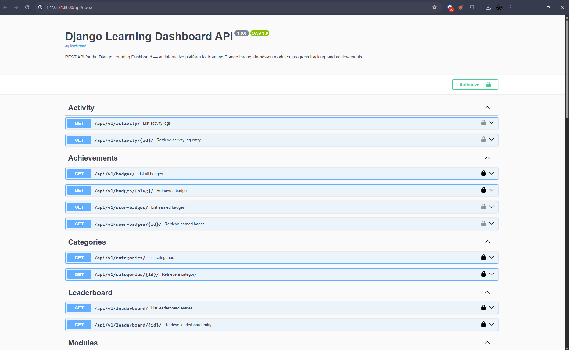 Django Learning Platform - REST API documentation with Swagger UI for Django backend endpoints