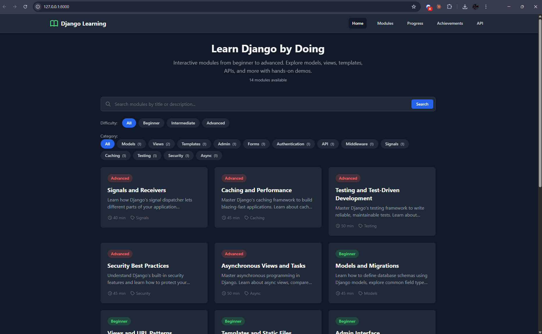 Django Learning Platform - Interactive web dashboard for learning Django framework with progress tracking
