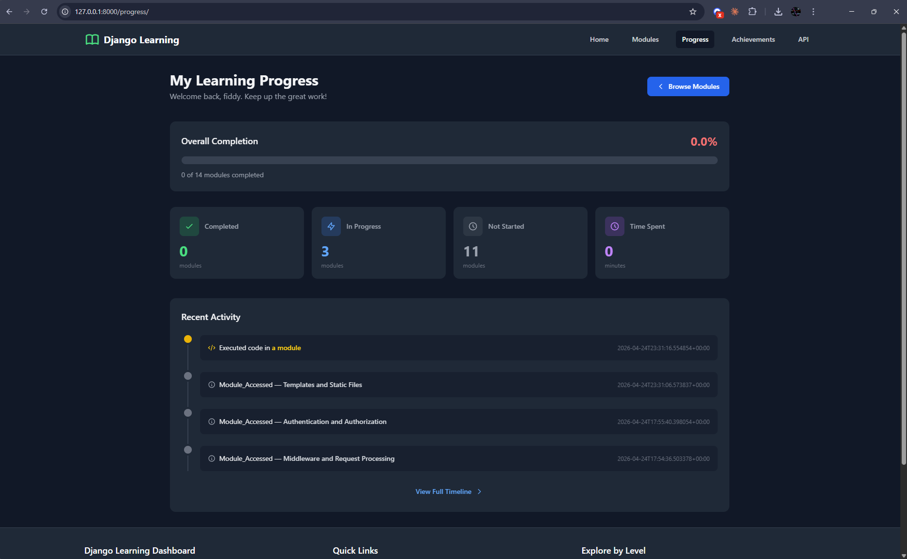 Django Learning Platform - Student progress tracking dashboard with completion metrics and achievements