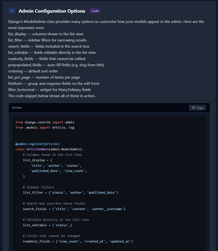 Django Learning Platform - Interactive code editor with Python Django syntax highlighting and execution