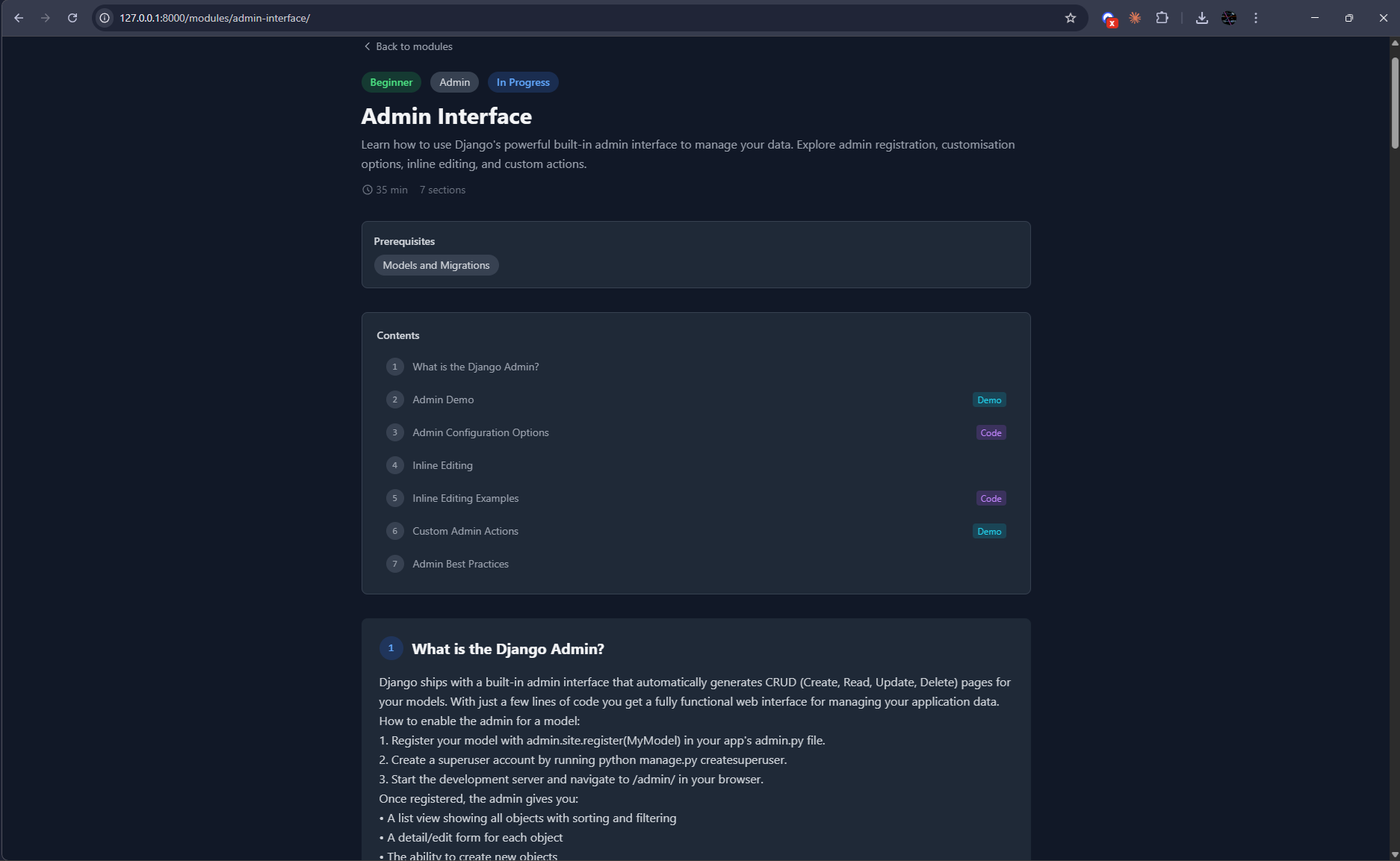 Django Learning Platform - Module overview screen showing learning paths and course structure