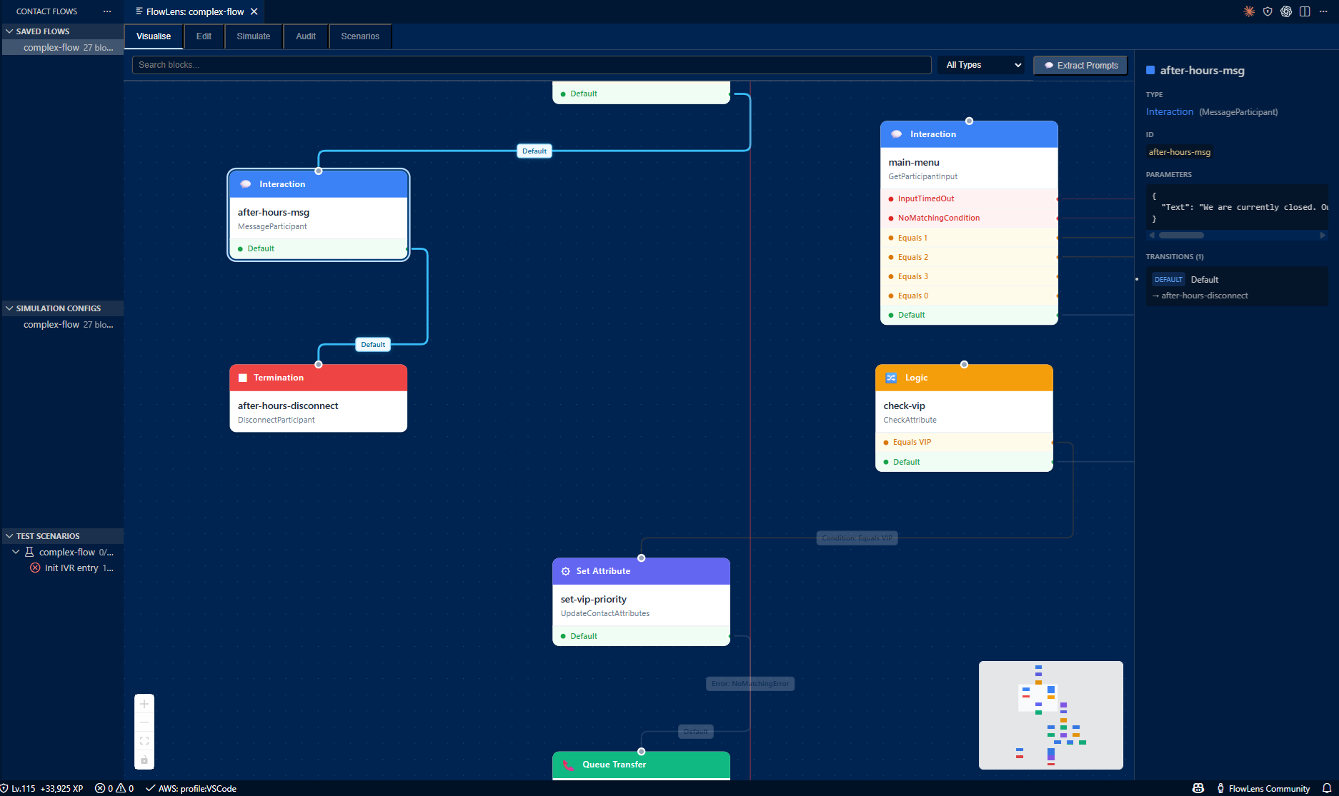 FlowLens VS Code Extension - Interactive flowchart view of an AWS Connect contact flow with colour-coded block types