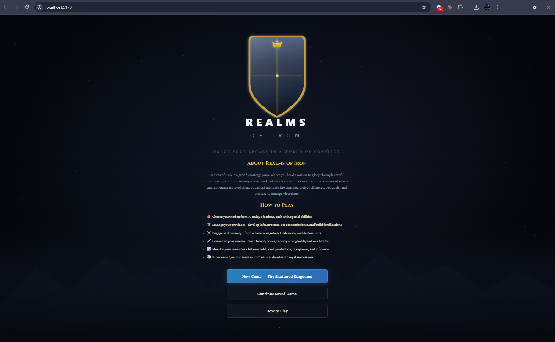 Realms of Iron Strategy Game - Browser-based grand strategy game landing page with faction selection