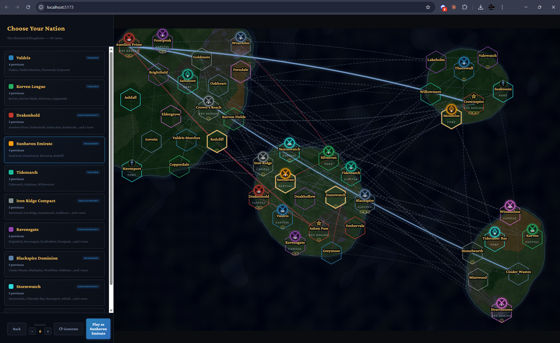 Realms of Iron Strategy Game - Nation selection screen with 10 playable factions and diplomatic options