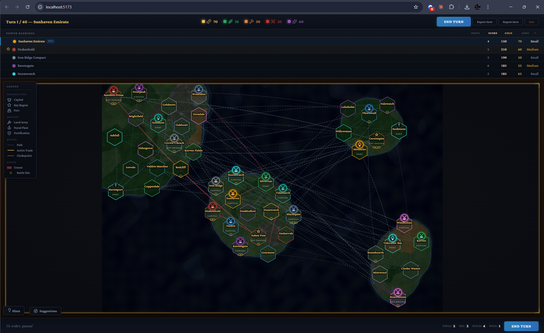 Realms of Iron Strategy Game - Turn-based gameplay interface with map, resources, and military units