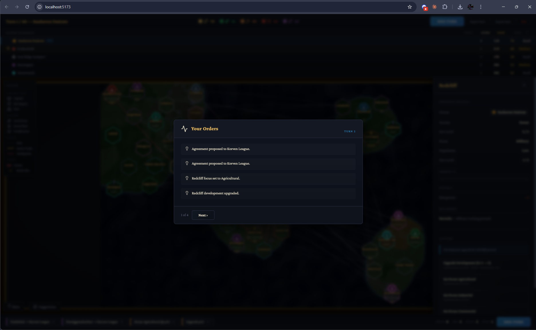 Realms of Iron Strategy Game - Turn summary screen showing battle results, diplomatic outcomes, and economic changes
